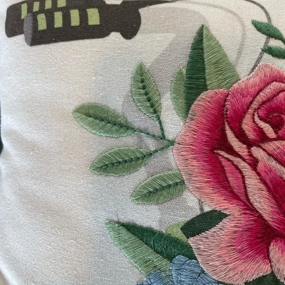 Embroidered Floral Bicycle Accent Pillow 16x16 - Picture 3 of 4